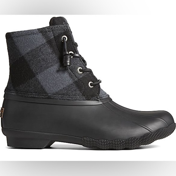 Sperry women’s saltwater Buffalo check duck boot Buffalo plaid wool shaft black - Picture 1 of 13
